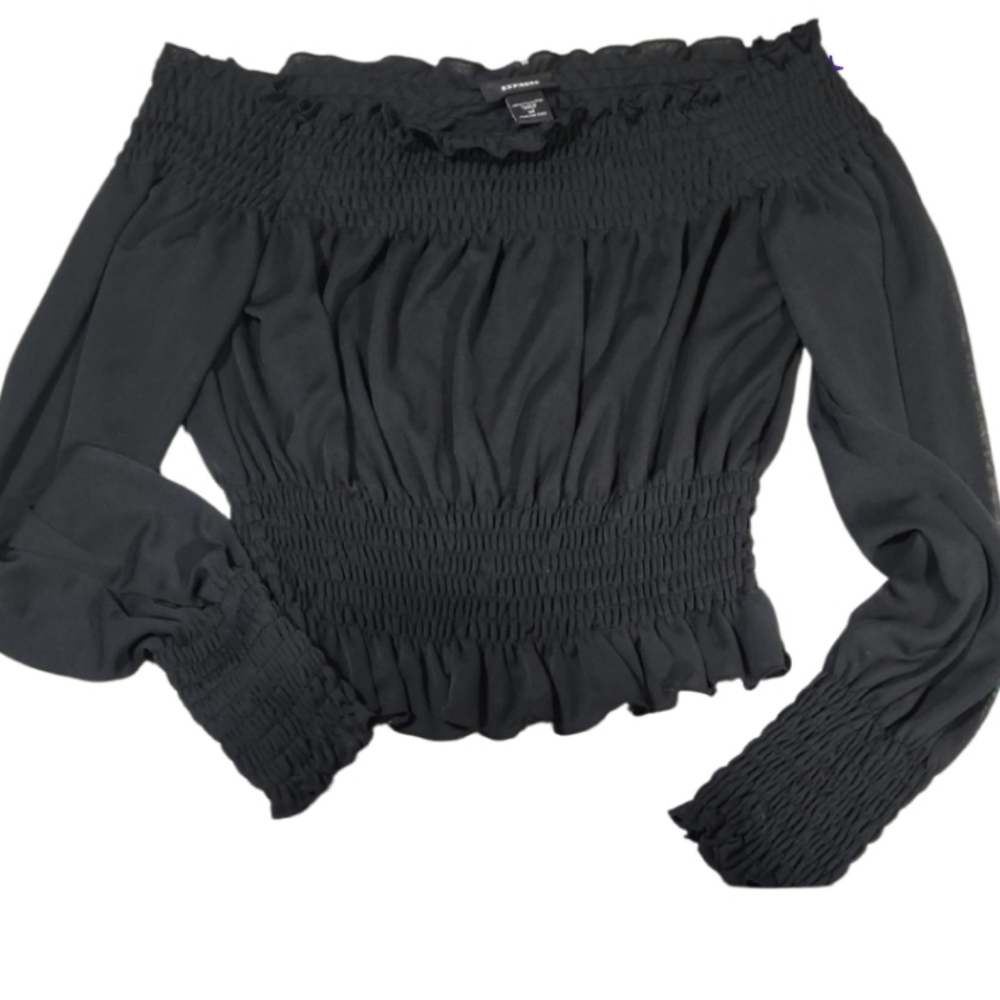 Vtg Med Jrs 90s Y2k Black Off-Shoulder Smocked Top